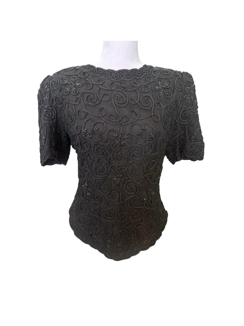 Vintage Laurence Kazan New York Black 100% Silk Beaded Embroidery Top. PM